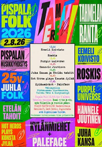 PispalaFolk 2026 -juliste. Sunnuntai 2.8.2026 Tahmelan rannalla. Esiintyjät löytyvät tekstinä ohjelmasta.